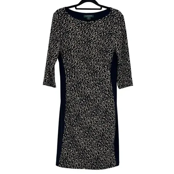 Ralph Lauren Sheath Dress Navy Tan Sz 10 Petite Business Casual Workwear Office - Picture 2 of 10